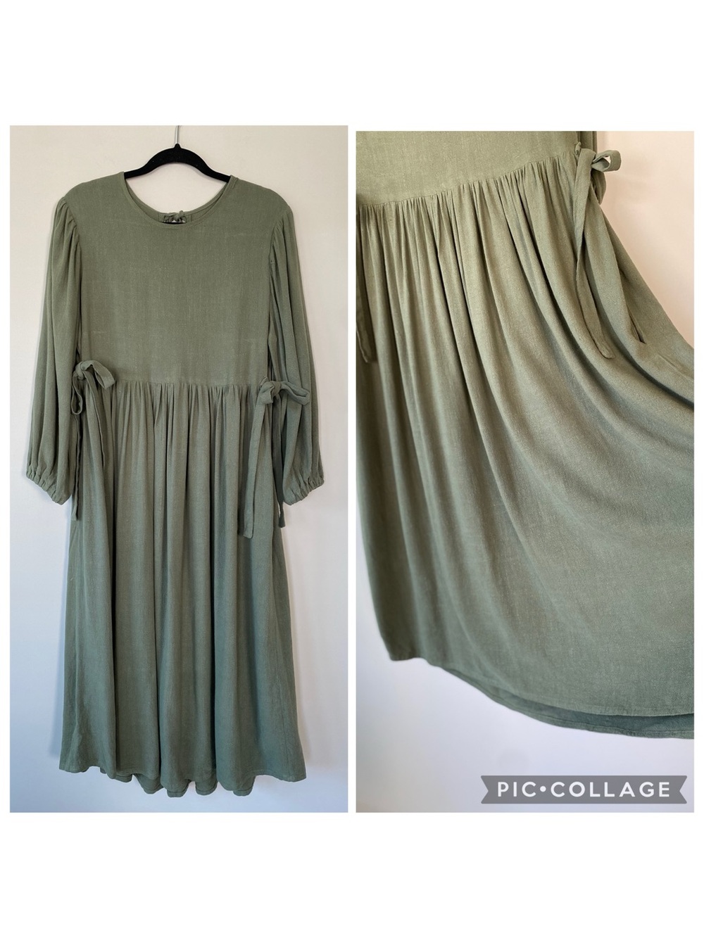Sage Long Sleeve Midi Prairie Dress with Side Tie Details & Pockets Size S/M